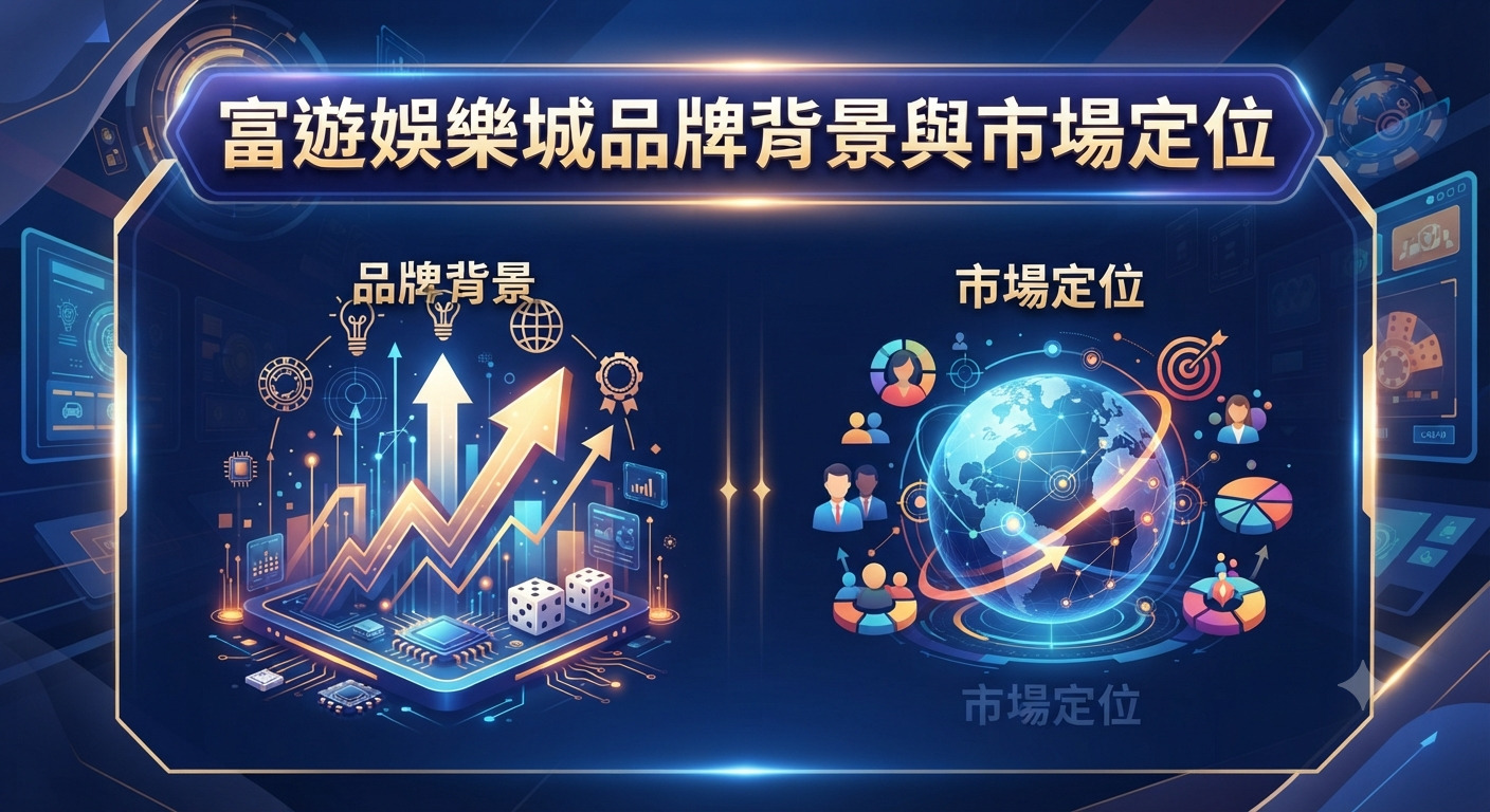 這張圖片展示了「富遊娛樂城品牌背景與市場定位」的主題設計，整體風格科技感十足。 畫面運用了藍色調的圖表、地球儀與數位元素，完美呈現出品牌的背景脈絡與市場定位。
