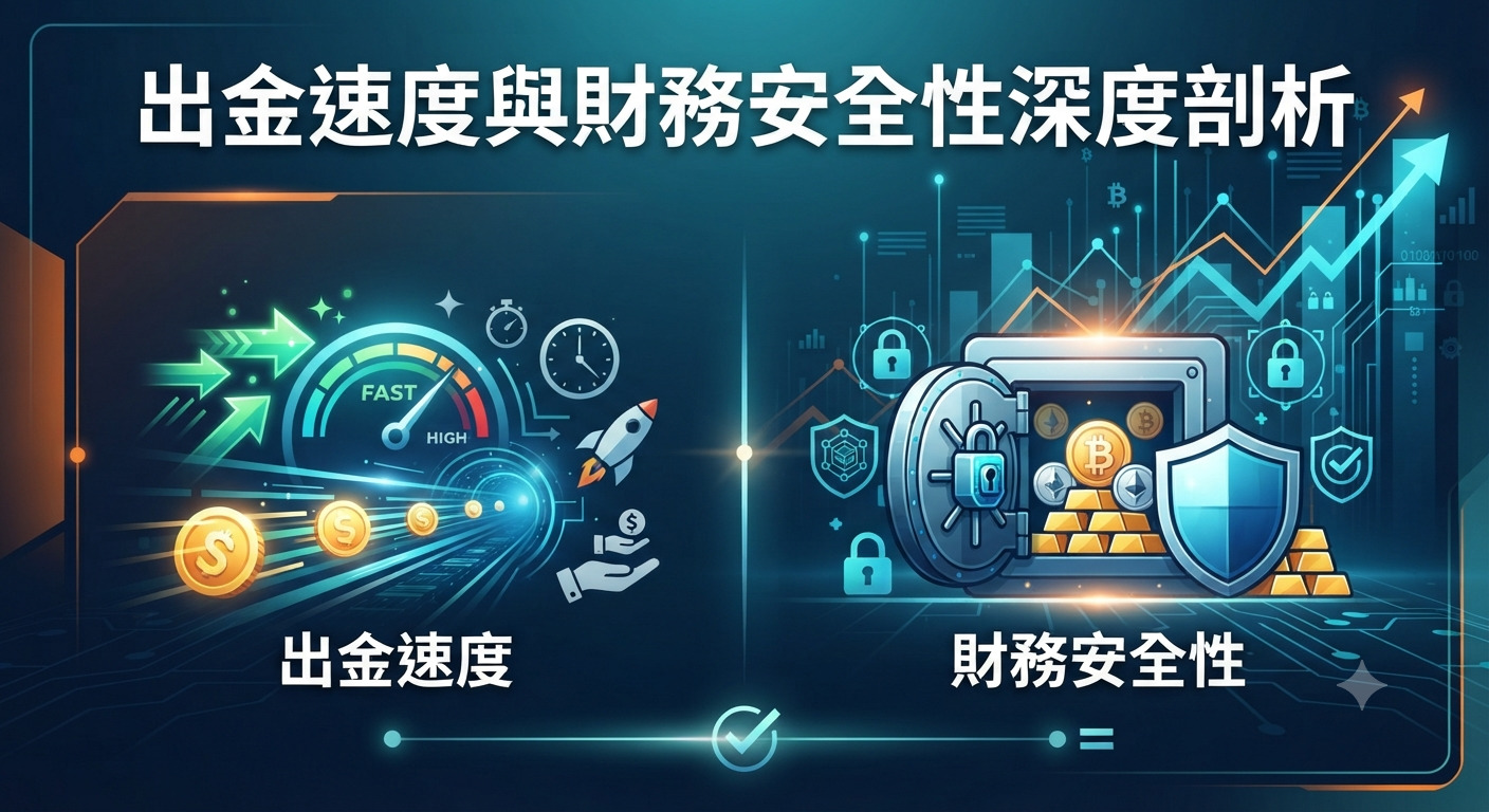 這張圖片以「出金速度與財務安全性深度剖析」為標題，並分為左右兩個部分來視覺化主題。 左側象徵「出金速度」，運用速度計、火箭與流動的貨幣表現高效與快捷；右側象徵「財務安全性」，以保險箱、盾牌與鎖頭凸顯資產的安全保障。
